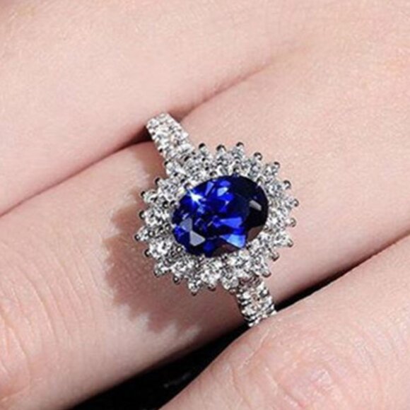 3/$35 Copper Ring Silver Tone Oval Blue Cubic Zirconia Diamond Crystal Jewelry - Picture 6 of 6
